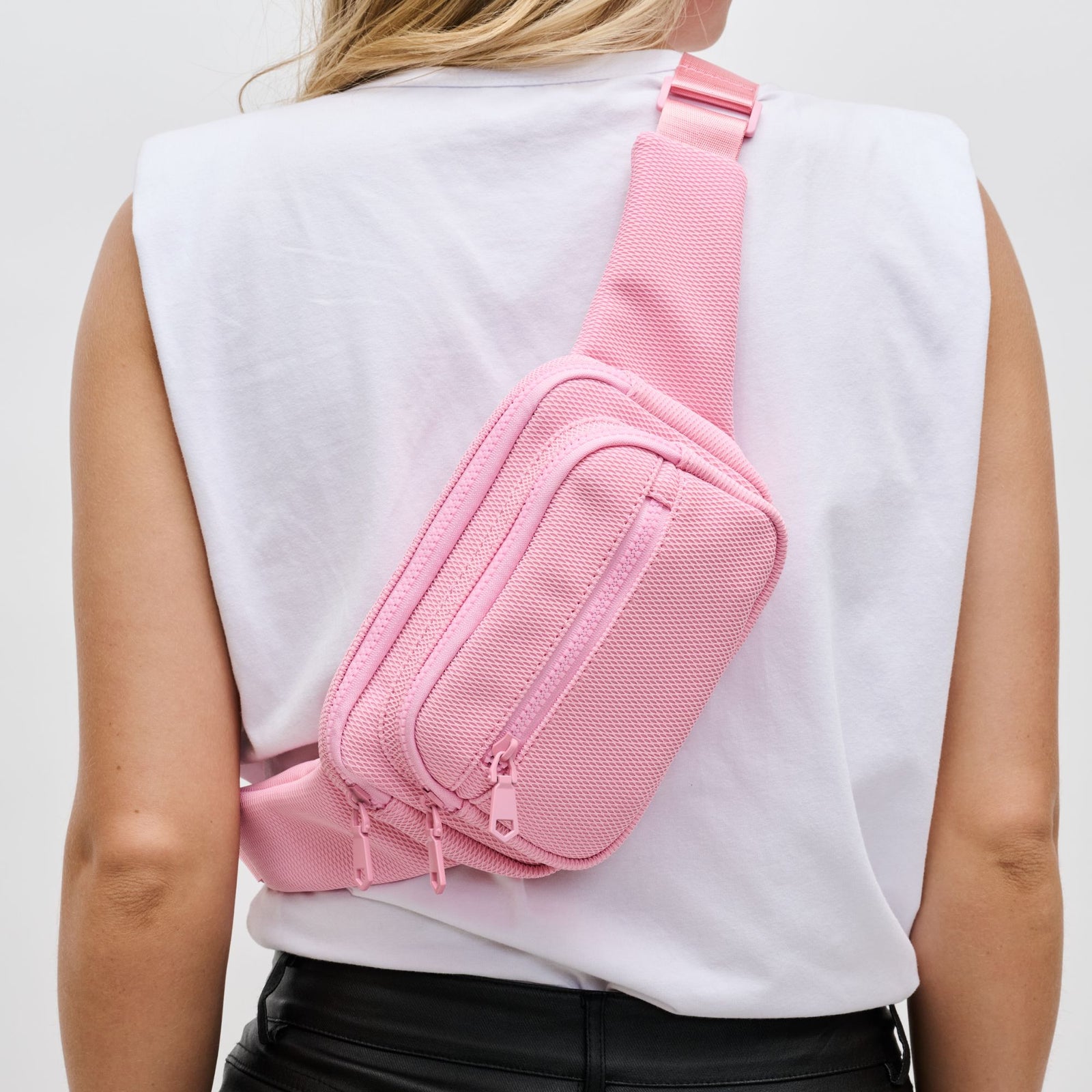 Woman wearing Black Sol and Selene Hip Hugger - Neoprene Mesh Belt Bag 841764109819 View 1 | Black