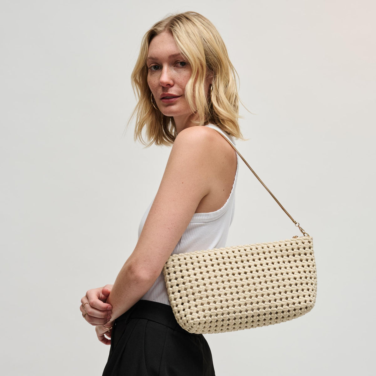 Woman wearing Cream Sol and Selene Eclipse Shoulder Bag 841764112888 View 2 | Cream