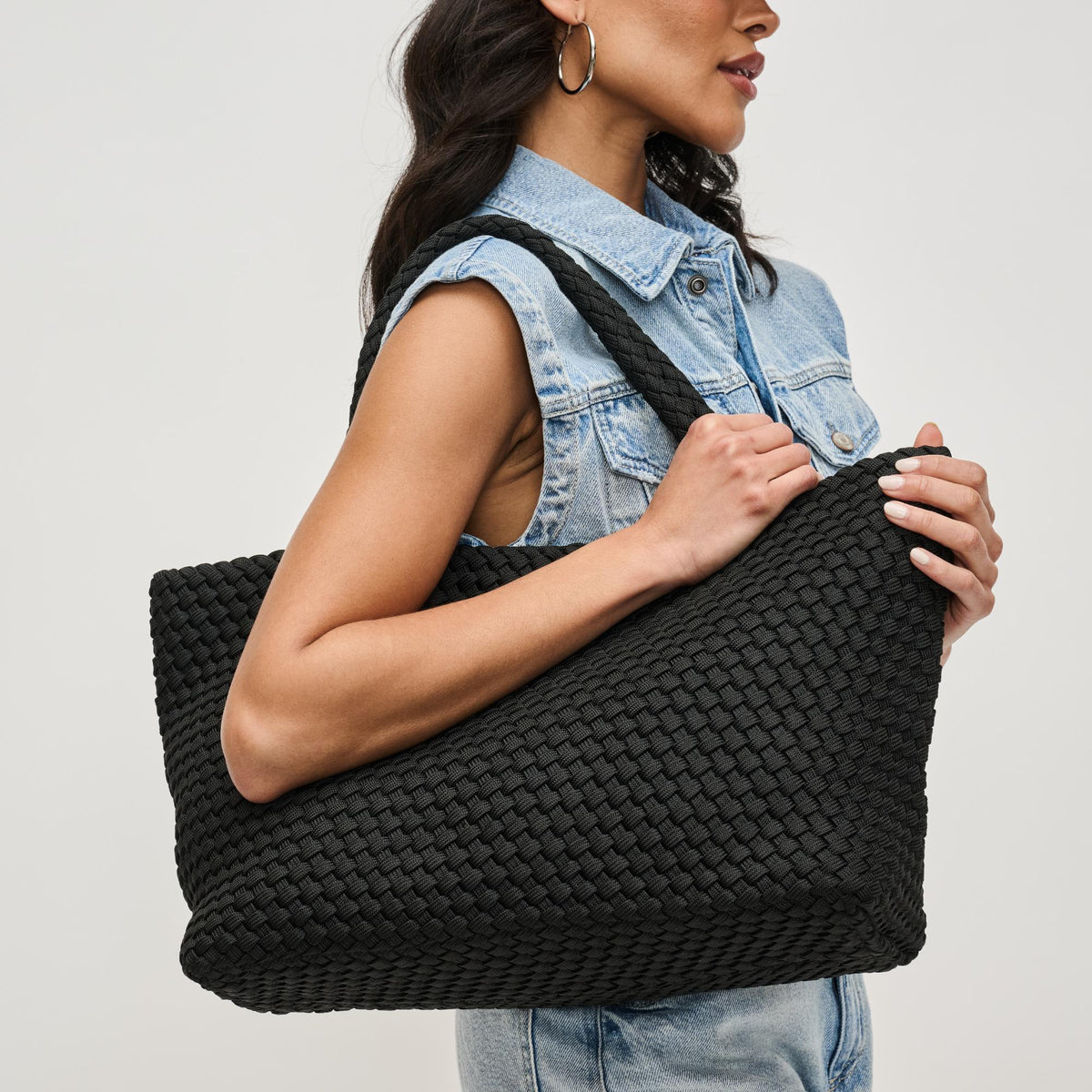 Woman wearing Black Sol and Selene Sky's The Limit - Large Laced Up Eco-Edition Tote 841764111553 View 2 | Black