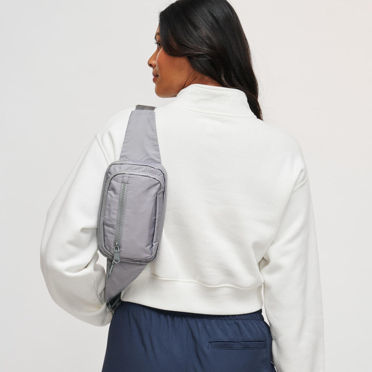 Woman wearing Grey Sol and Selene Hip Hugger Belt Bag 841764103251 View 3 | Grey