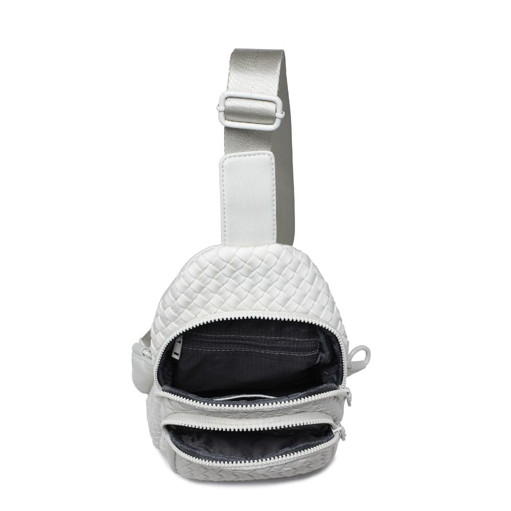 Woman wearing Bone Sol and Selene Beyond The Horizon - Woven Neoprene Sling Backpack 841764109062 View 9 | Bone