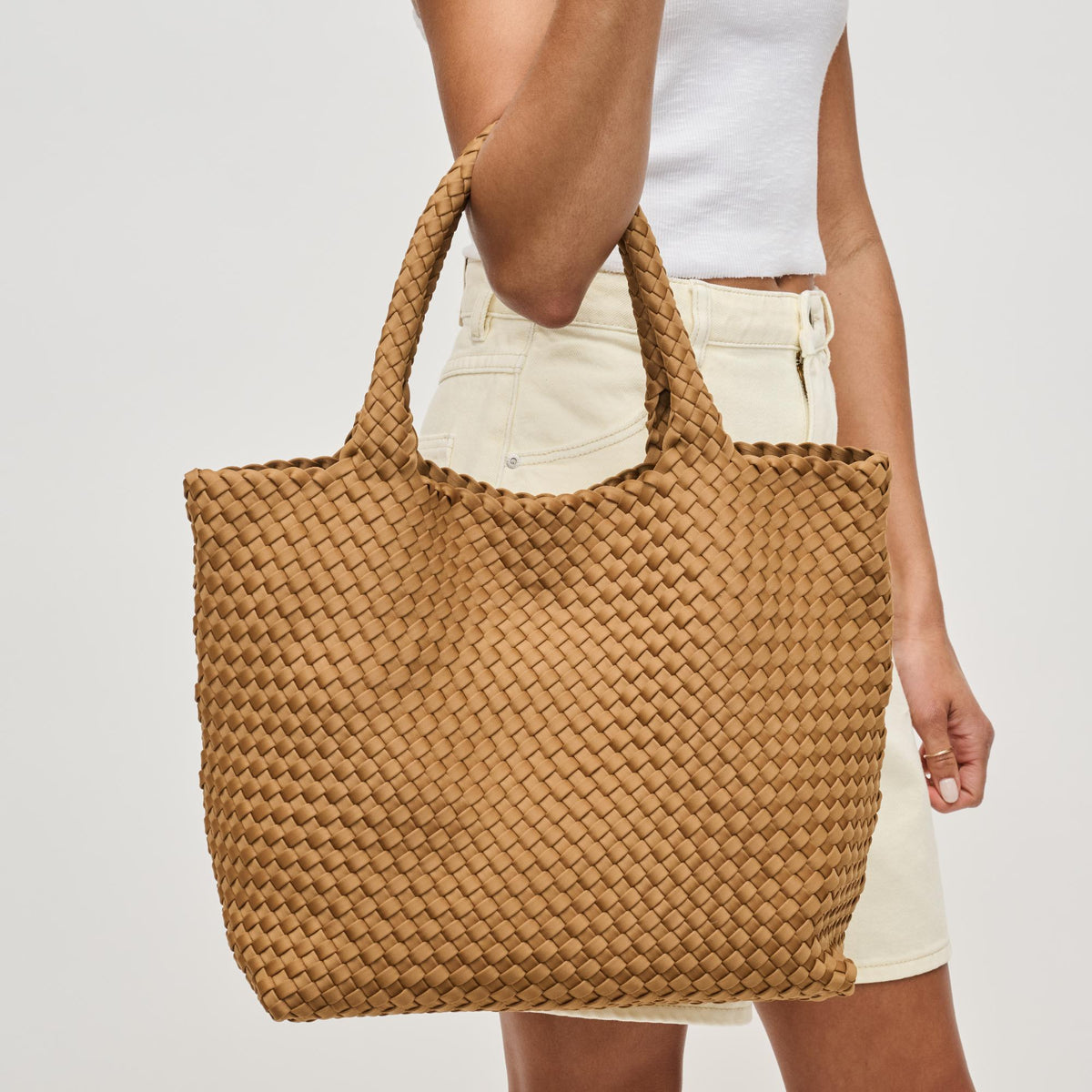 Woman wearing Sand Sol and Selene Sky's The Limit - Medium Tote 841764111324 View 2 | Sand