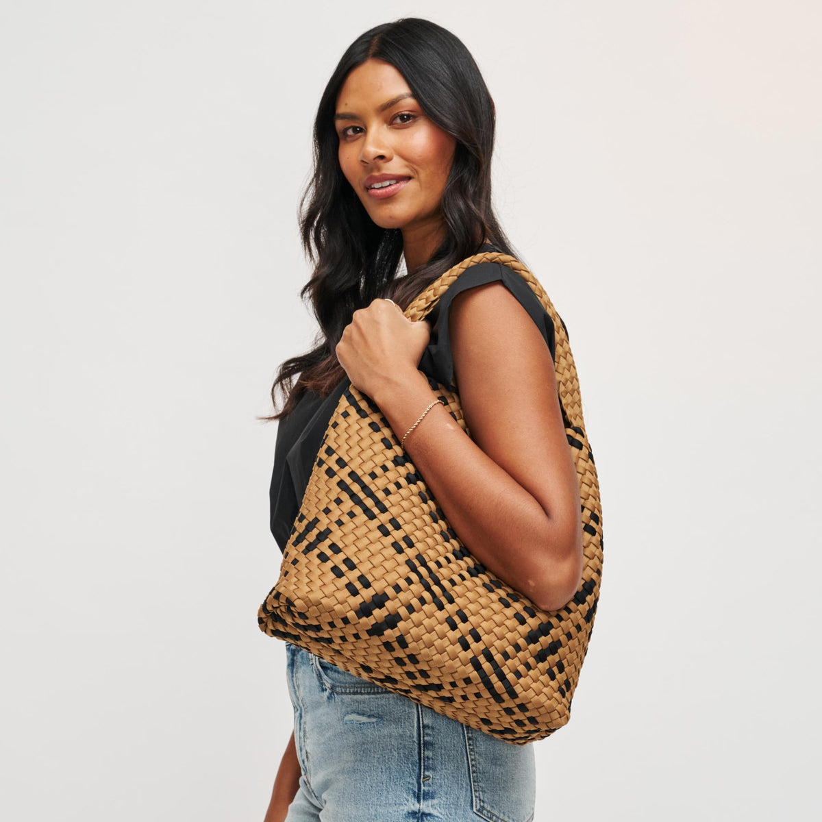 Woman wearing Sand Black Sol and Selene Celestial Woven Neoprene Hobo 841764112321 View 2 | Sand Black