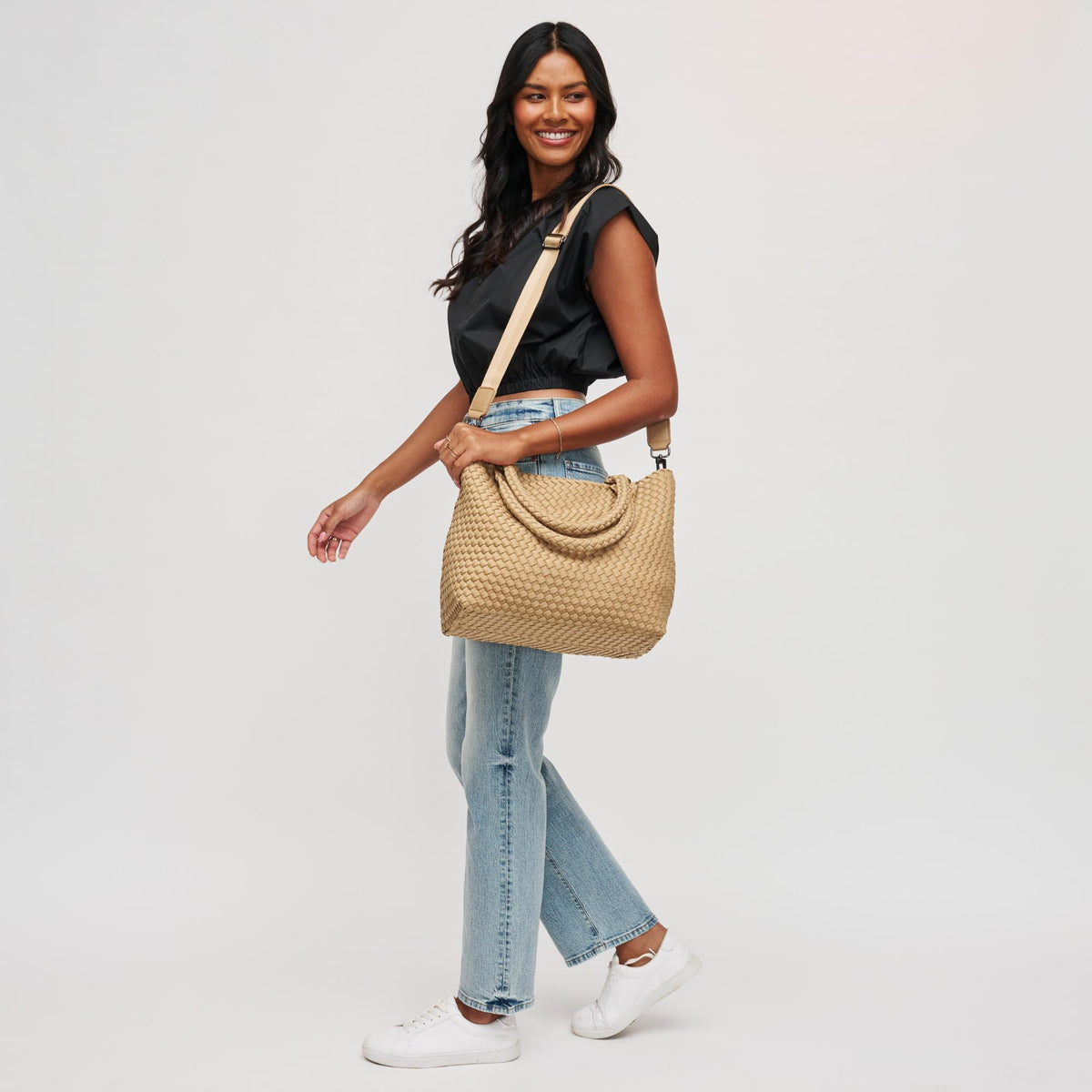 Woman wearing Nude Sol and Selene Sky's The Limit - Medium Tote 841764107785 View 2 | Nude