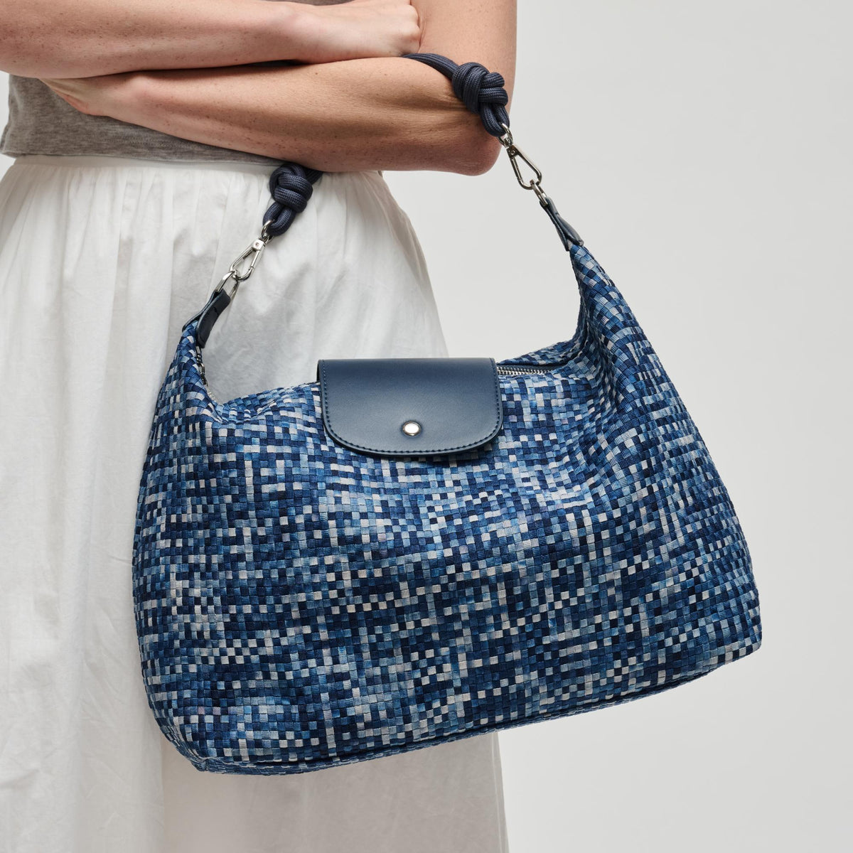 Woman wearing Navy Sol and Selene Aurora Shoulder Bag 841764112611 View 2 | Navy