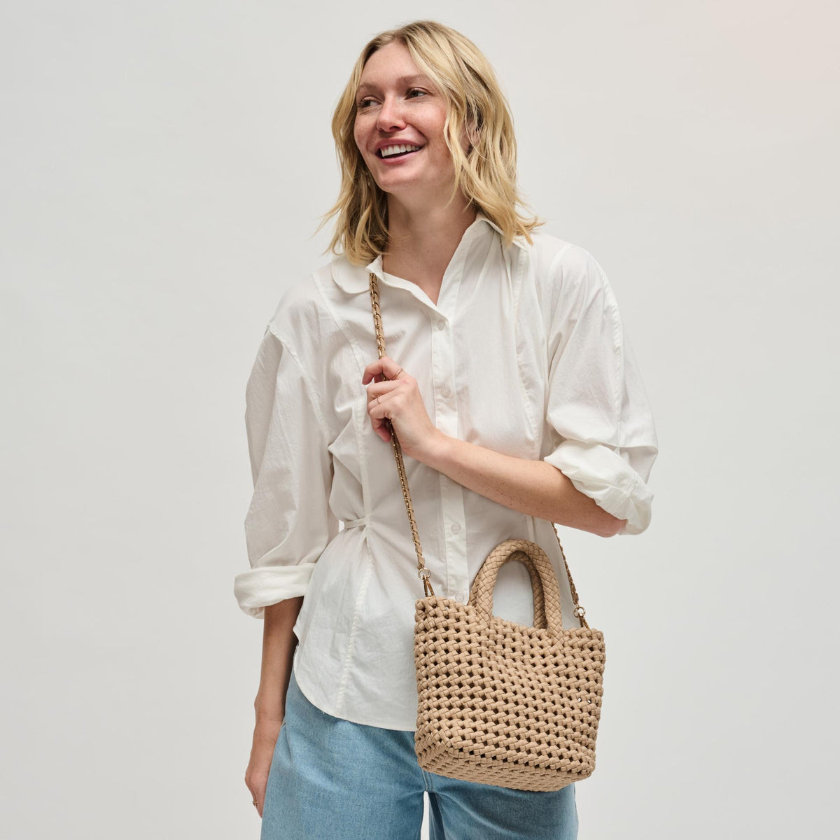 Woman wearing Nude Sol and Selene Ambrosia Small Crossbody 841764112949 View 1 | Nude