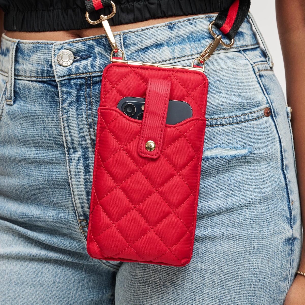 Woman wearing Red Sol and Selene Duality - Quilted Cell Phone Crossbody 840611182272 View 4 | Red