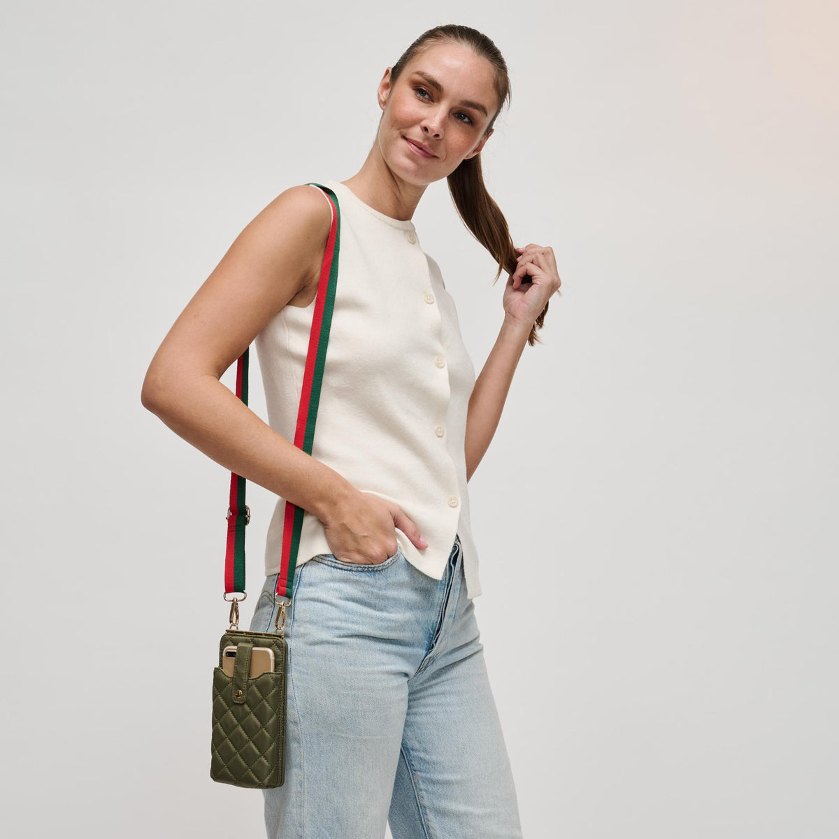 Woman wearing Sage Sol and Selene Duality - Quilted Cell Phone Crossbody 841764107792 View 4 | Sage
