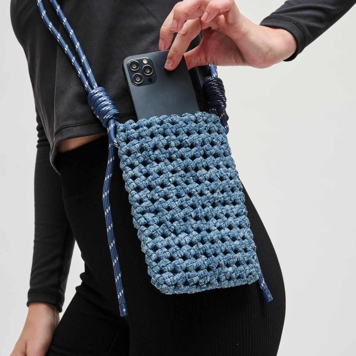 Woman wearing Denim Sol and Selene Eos Cell Phone Crossbody 841764113052 View 2 | Denim