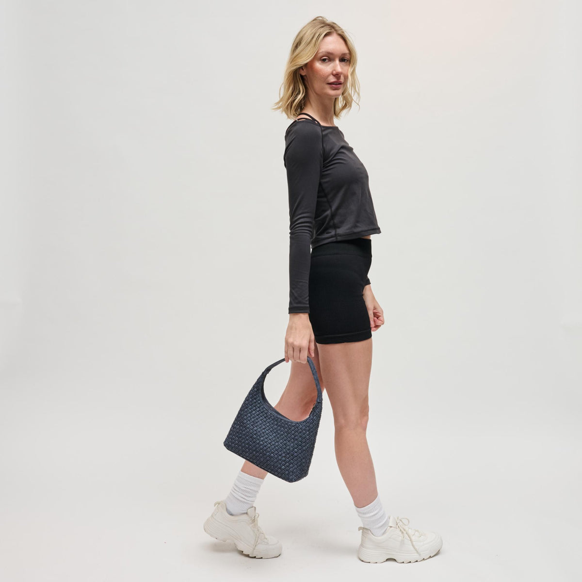 Woman wearing Dark Denim Sol and Selene Harmonia - Woven Vegan Leather Shoulder Bag 841764112550 View 4 | Dark Denim
