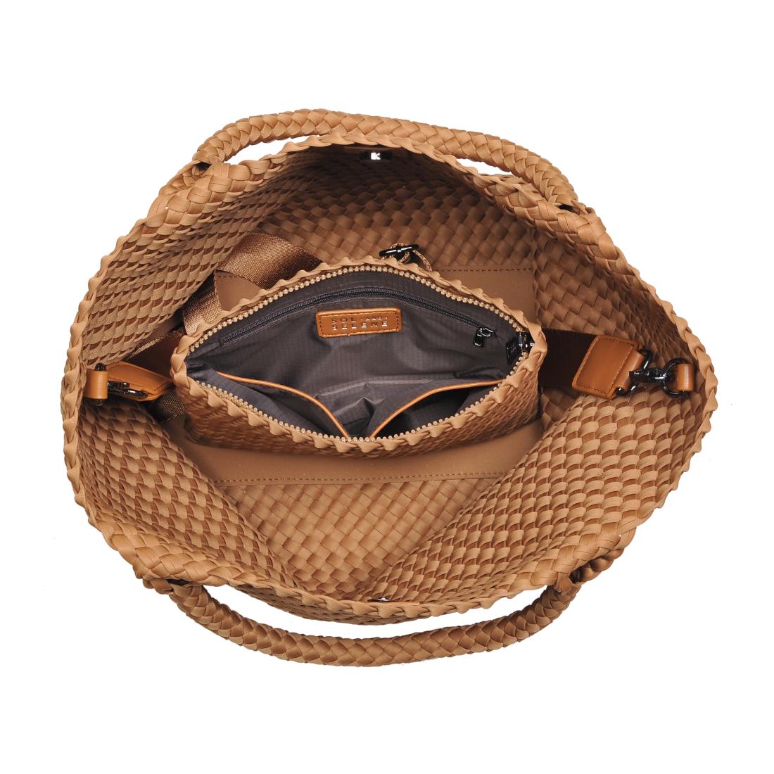 Woman wearing Sand Sol and Selene Sky's The Limit - Medium Tote 841764111324 View 9 | Sand