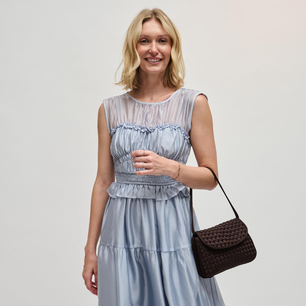 Woman wearing Chocolate Sol and Selene Astra Shoulder Bag 841764112437 View 3 | Chocolate