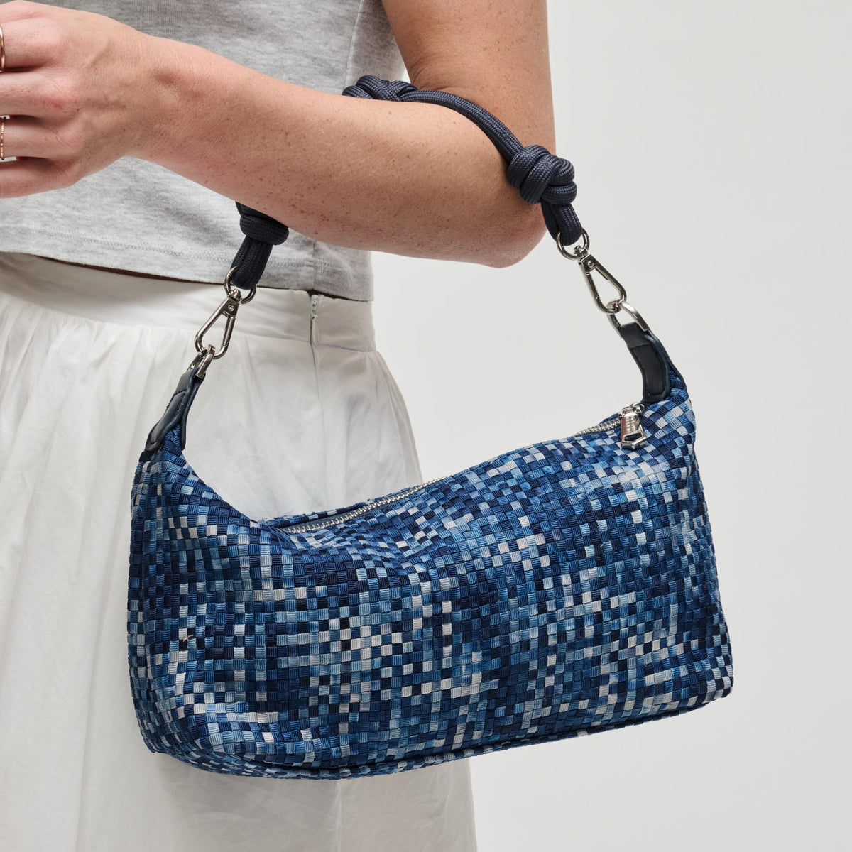 Woman wearing Navy Sol and Selene Amara Shoulder Bag 841764112642 View 2 | Navy