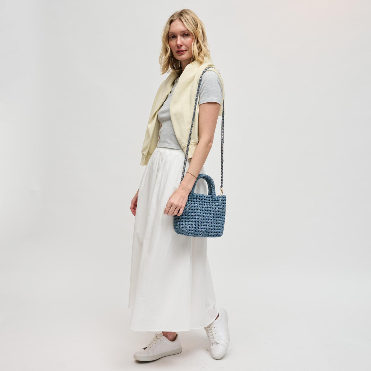 Woman wearing Denim Sol and Selene Ambrosia Small - Denim Crossbody 841764112727 View 4 | Denim