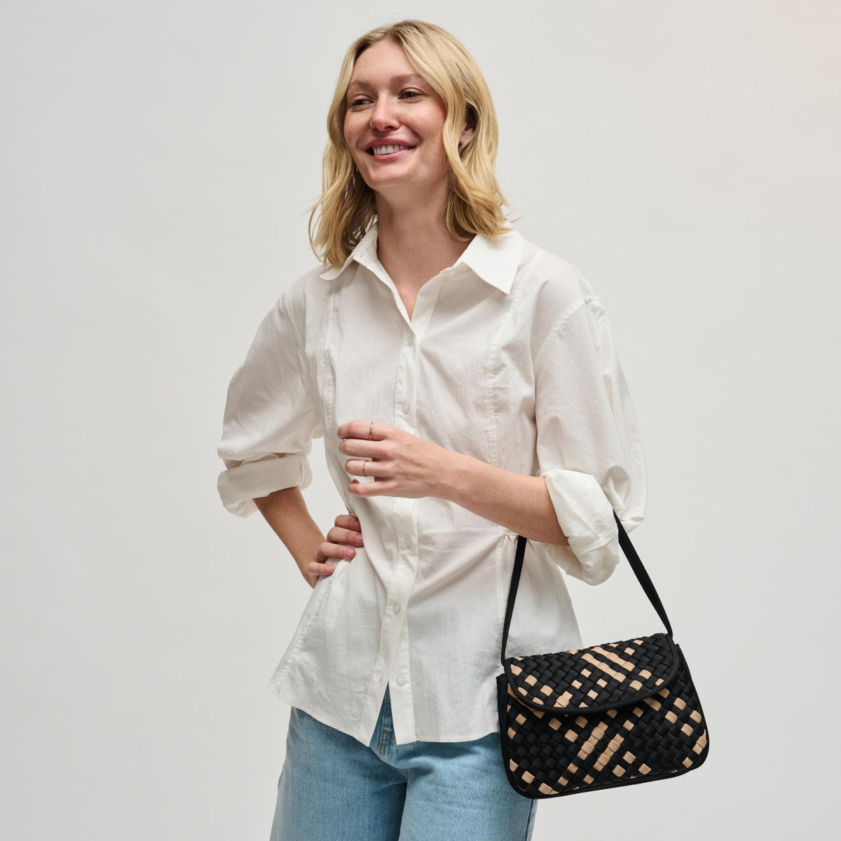 Woman wearing Black Nude Sol and Selene Astra Shoulder Bag 841764112406 View 3 | Black Nude