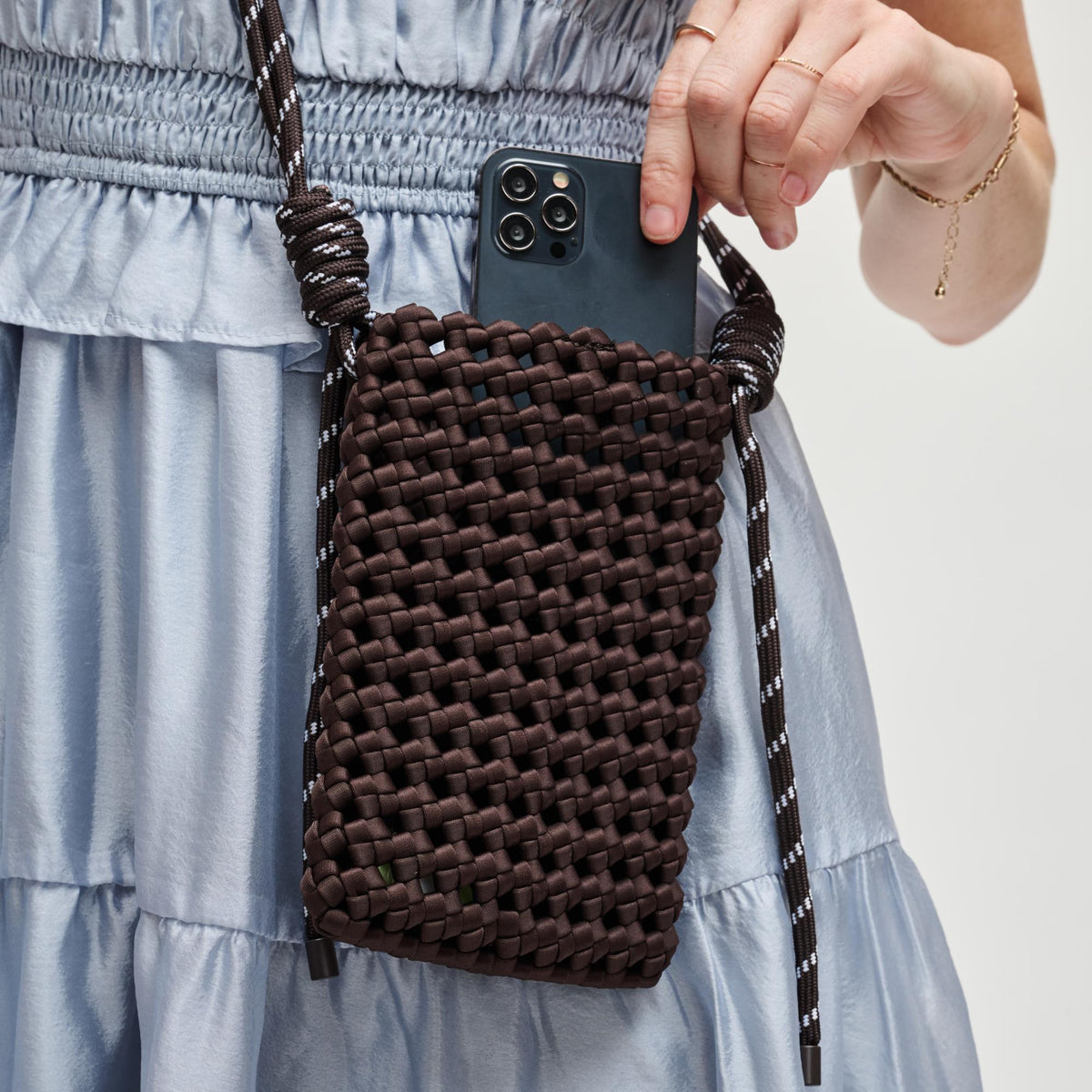 Woman wearing Chocolate Sol and Selene Eos Cell Phone Crossbody 841764113038 View 2 | Chocolate