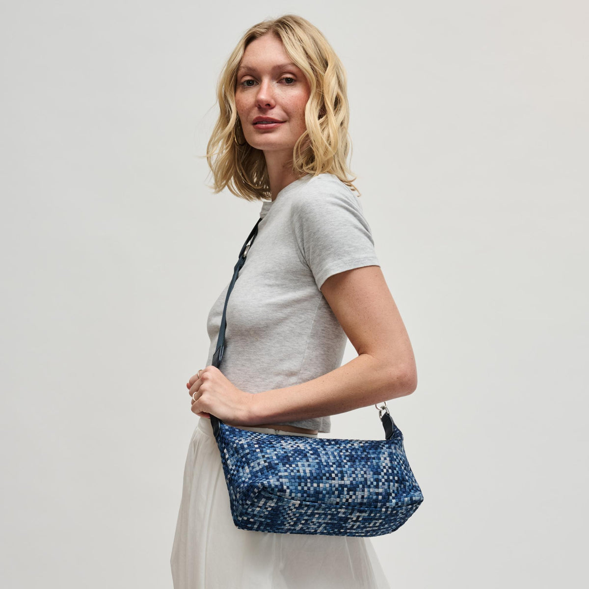 Woman wearing Navy Sol and Selene Amara Shoulder Bag 841764112642 View 3 | Navy