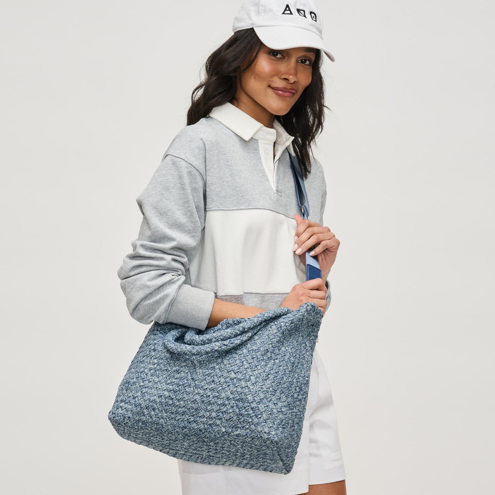 Woman wearing Denim Sol and Selene Sky's The Limit - Medium Denim Tote 841764111294 View 3 | Denim