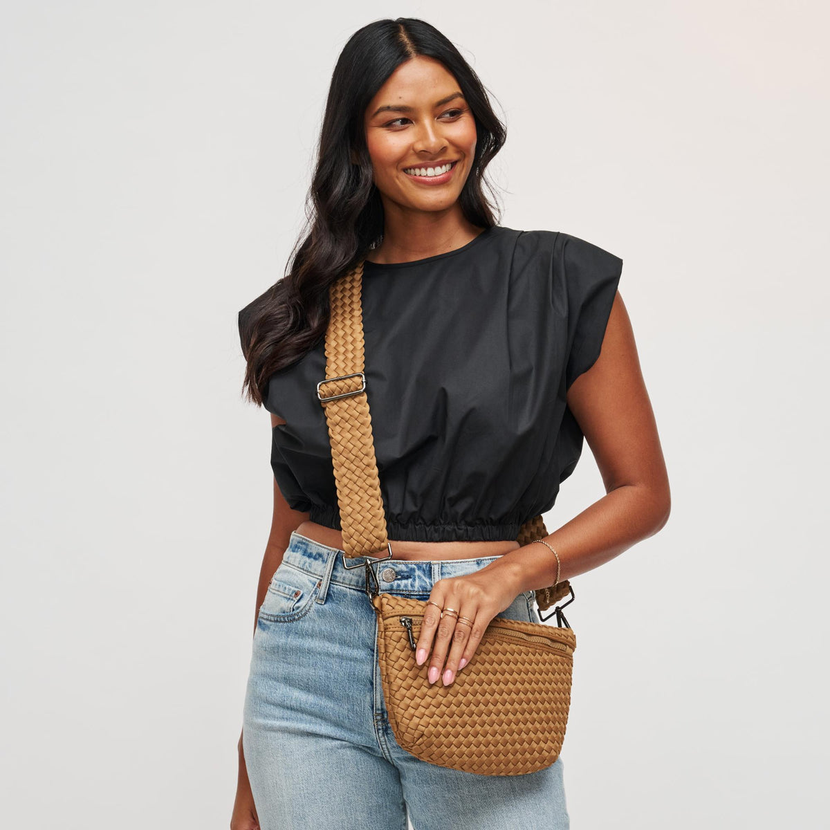 Woman wearing Sand Sol and Selene Ethereal - Woven Neoprene Crossbody 841764111959 View 2 | Sand