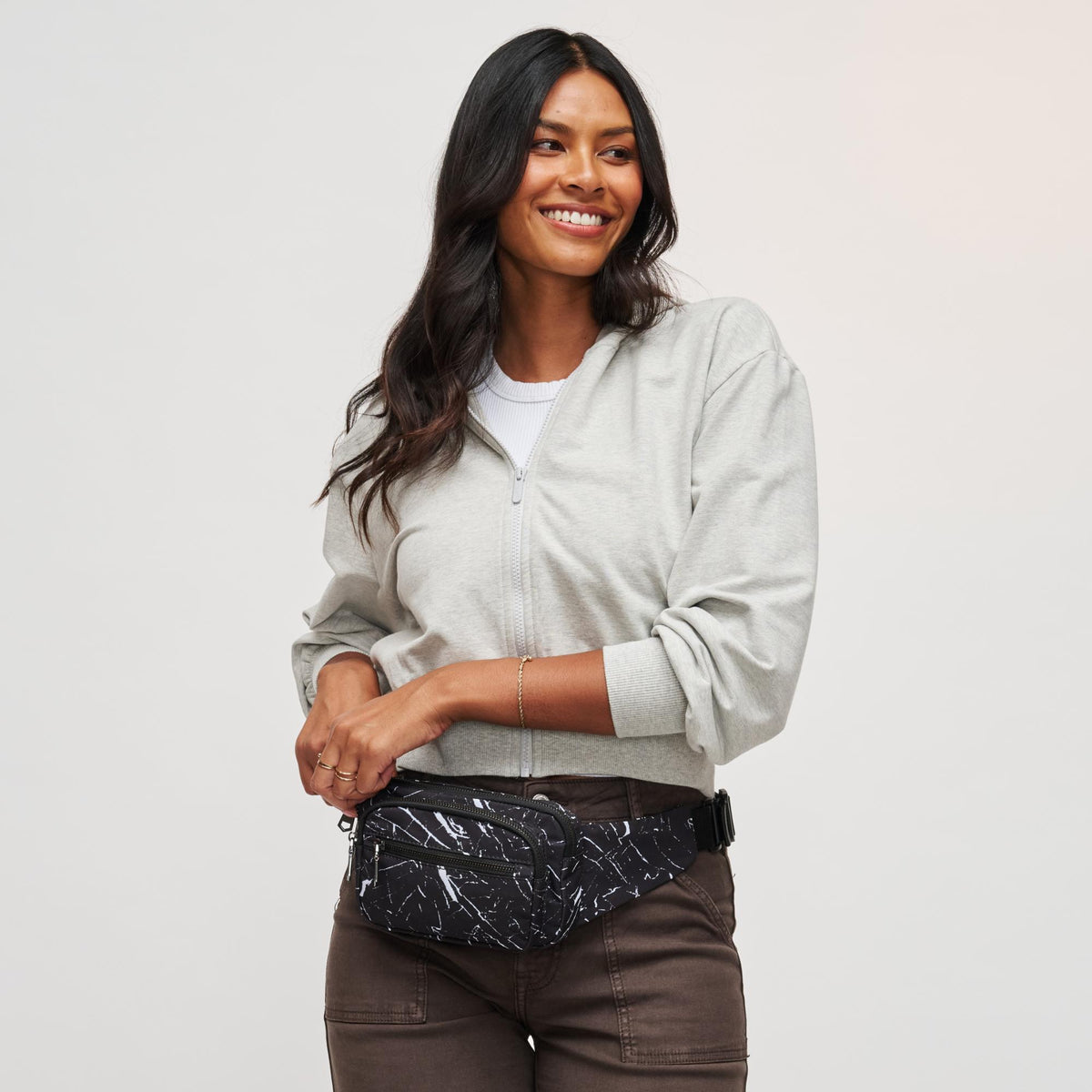 Woman wearing Black Marble Sol and Selene Hip Hugger Belt Bag 841764105804 View 3 | Black Marble