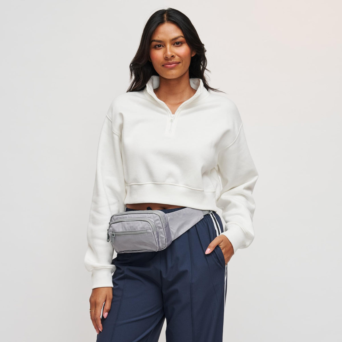 Woman wearing Grey Sol and Selene Hip Hugger Belt Bag 841764103251 View 2 | Grey