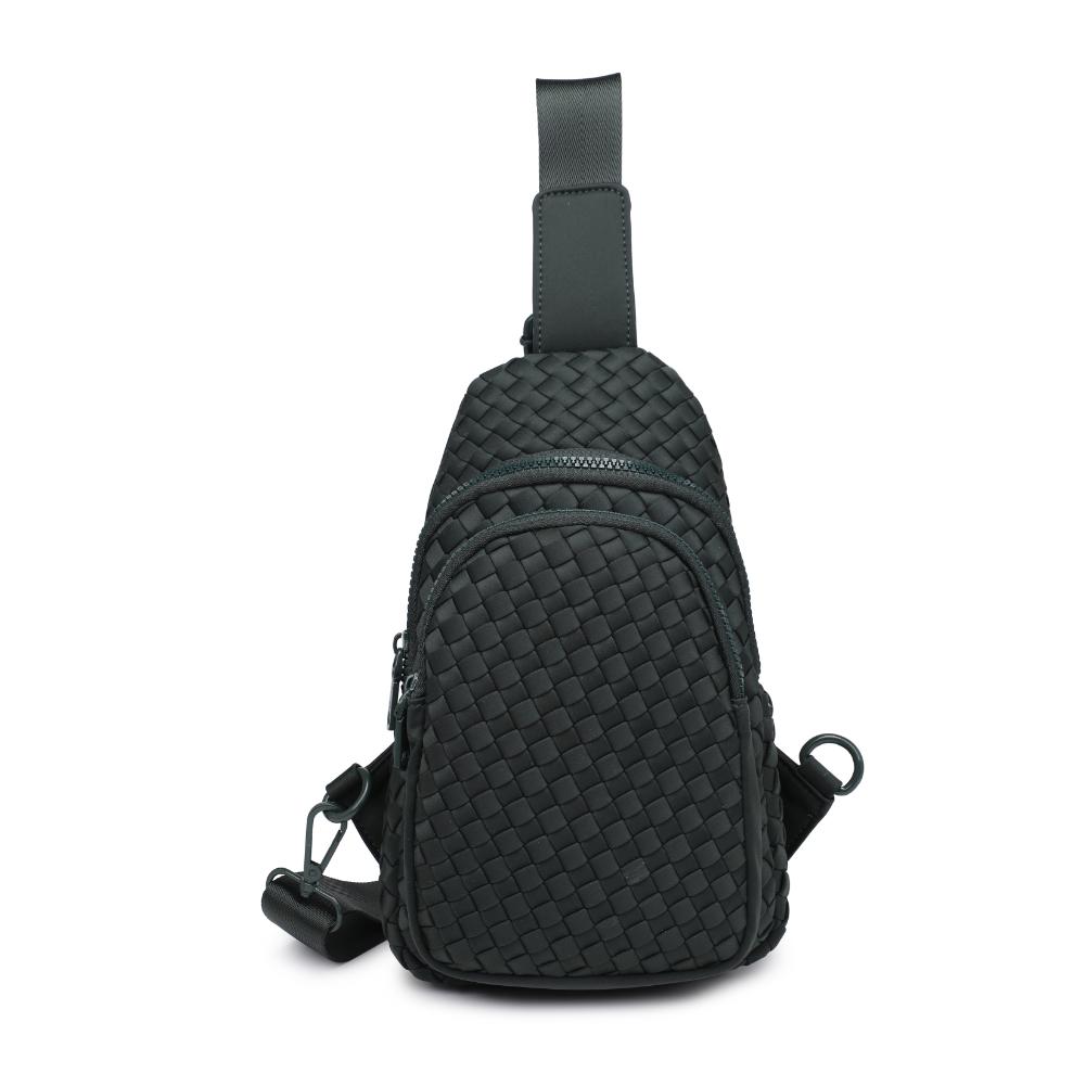 Woman wearing Olive Sol and Selene Beyond The Horizon - Woven Neoprene Sling Backpack 841764109079 View 5 | Olive