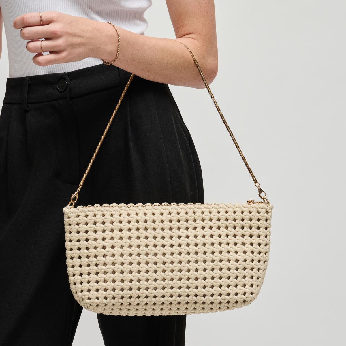 Woman wearing Cream Sol and Selene Eclipse Shoulder Bag 841764112888 View 1 | Cream