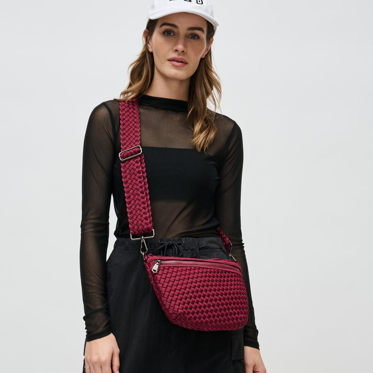Woman wearing Wine Sol and Selene Ethereal - Woven Neoprene Crossbody 841764110907 View 3 | Wine