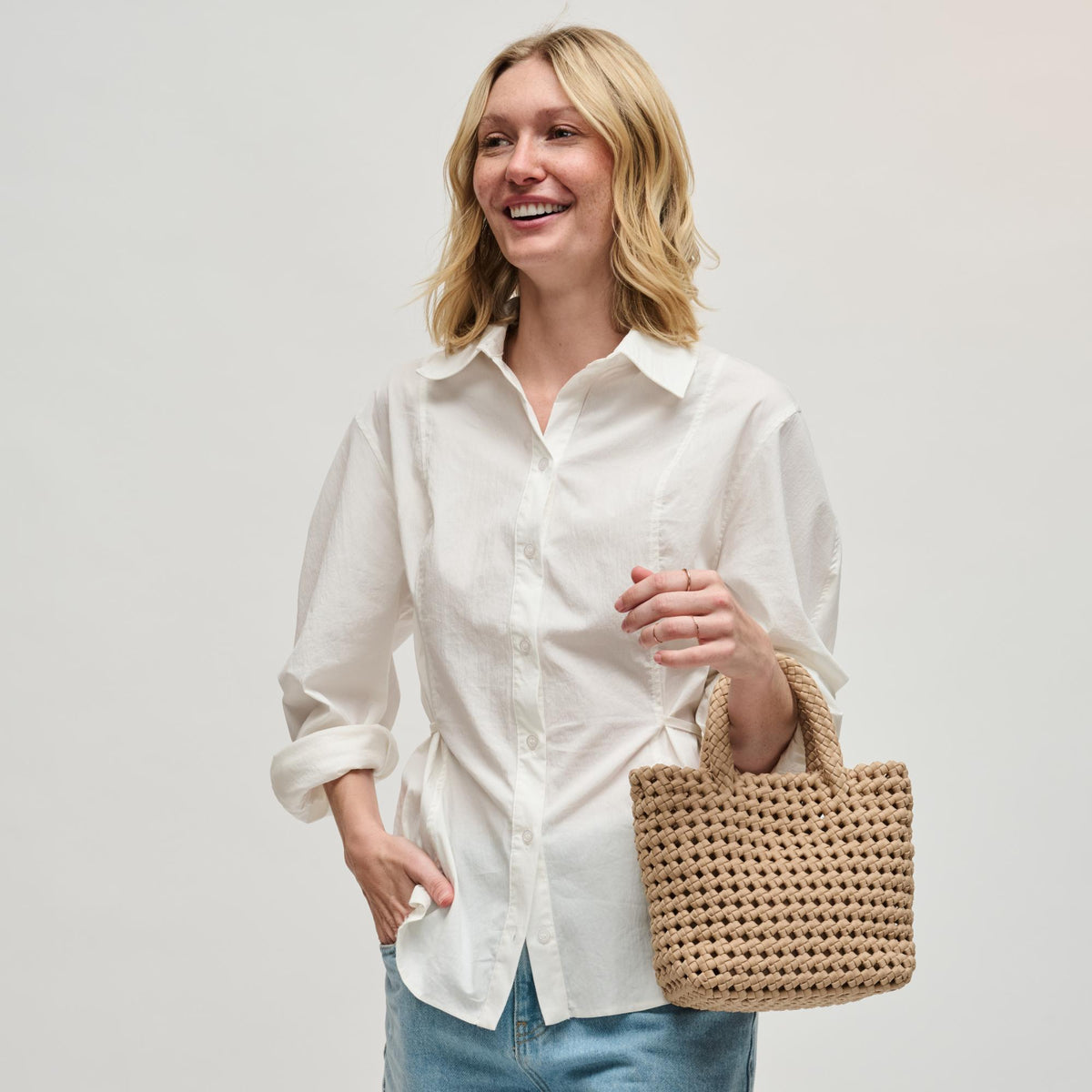 Woman wearing Nude Sol and Selene Ambrosia Small Crossbody 841764112949 View 4 | Nude