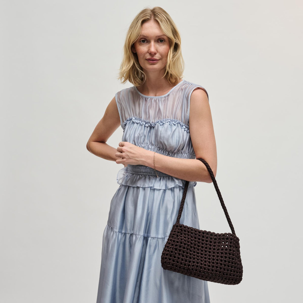 Woman wearing Chocolate Sol and Selene Solara Shoulder Bag 841764112994 View 3 | Chocolate