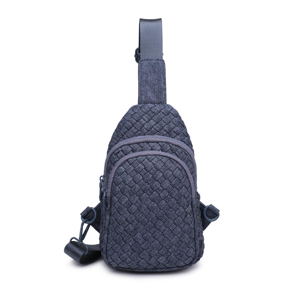Woman wearing Dark Denim Sol and Selene Beyond The Horizon - Woven Neoprene Sling Backpack 841764110433 View 5 | Dark Denim