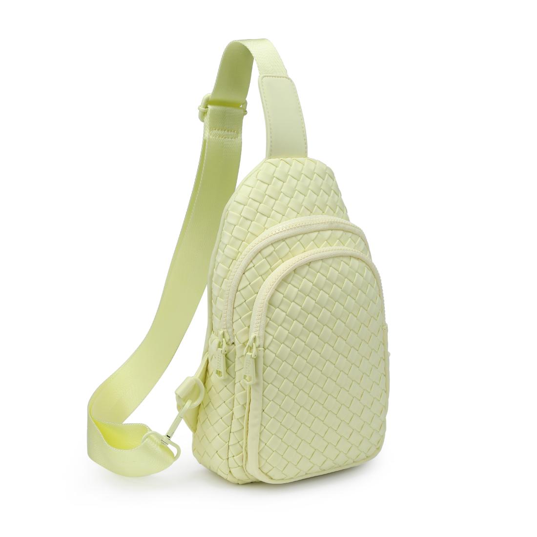 Woman wearing Butter Sol and Selene Beyond The Horizon - Woven Neoprene Sling Backpack 841764111225 View 6 | Butter