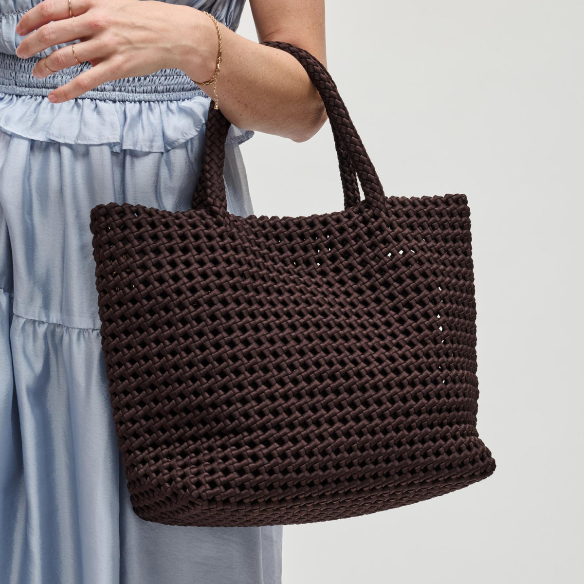 Woman wearing Chocolate Sol and Selene Ambrosia Medium Tote 841764112741 View 3 | Chocolate