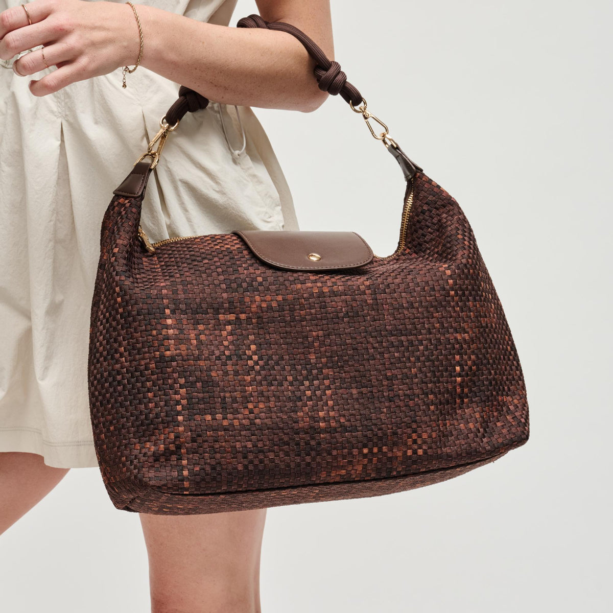 Woman wearing Chocolate Sol and Selene Aurora Shoulder Bag 841764112604 View 2 | Chocolate