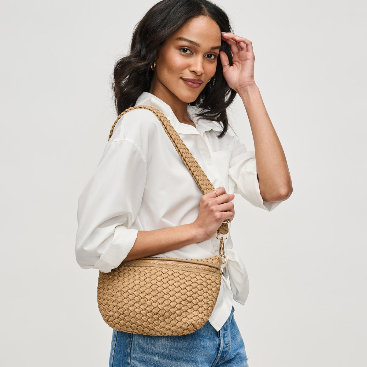 Woman wearing Nude Sol and Selene Ethereal - Woven Laced Up Eco-Edition Crossbody 841764111546 View 2 | Nude