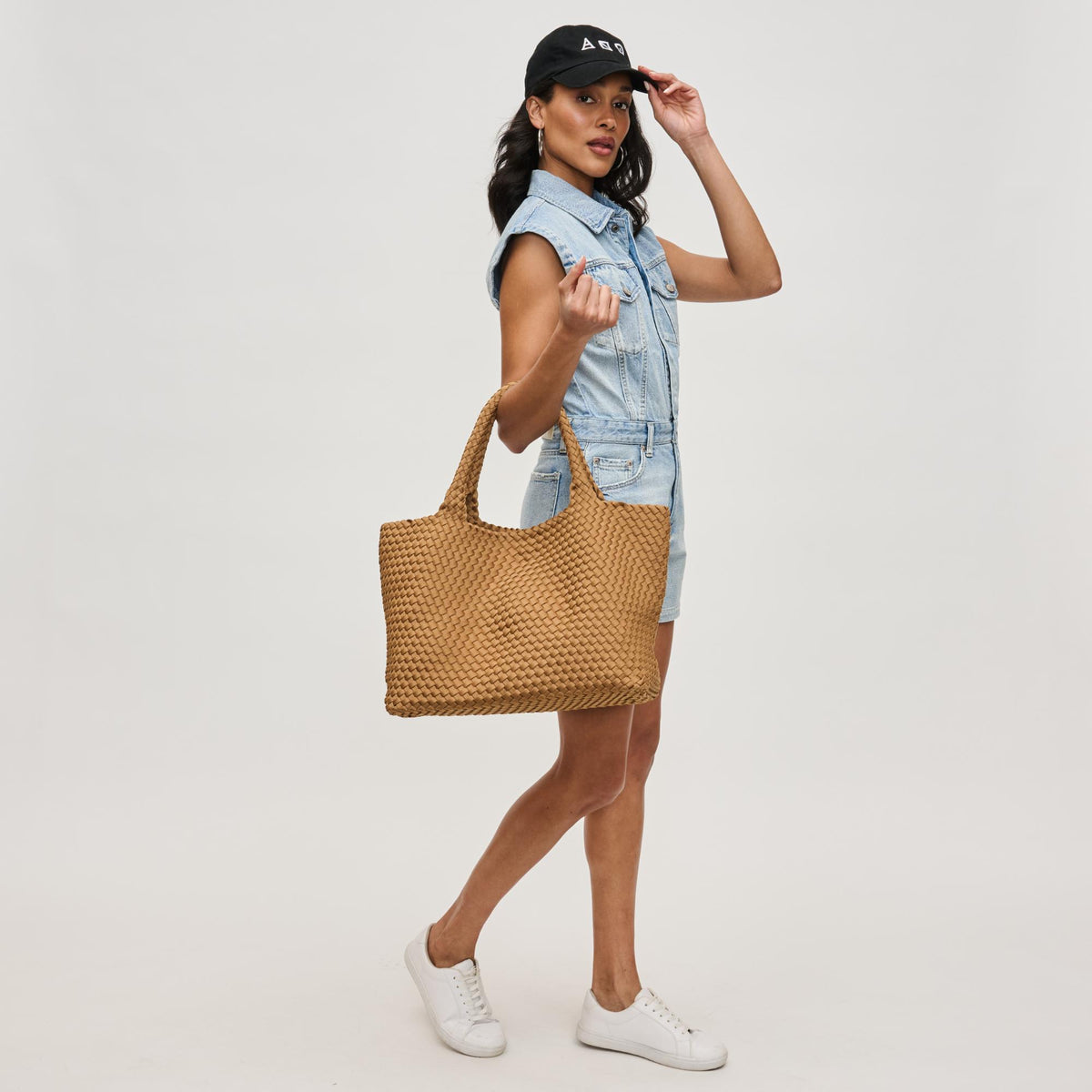 Woman wearing Sand Sol and Selene Sky's The Limit - Large Tote 841764111362 View 3 | Sand