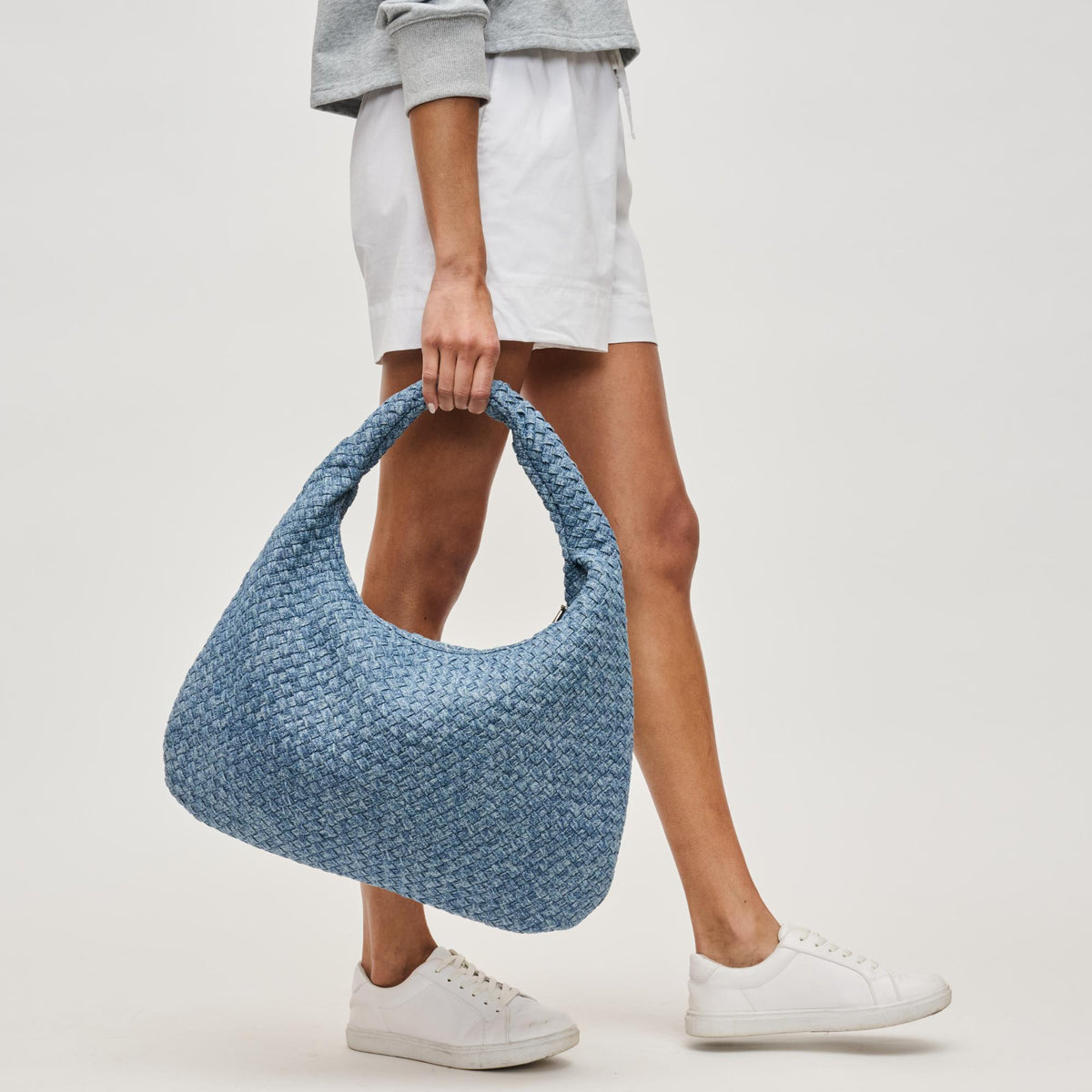 Woman wearing Denim Sol and Selene Dare to Dream - Large Woven Denim Hobo 841764111430 View 4 | Denim