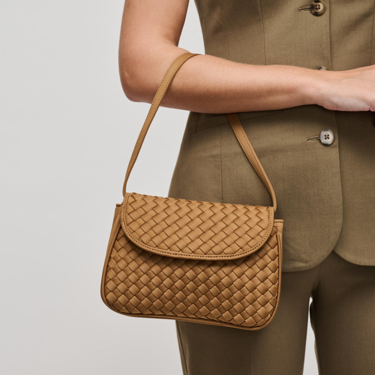 Woman wearing Sand Sol and Selene Astra Shoulder Bag 841764112468 View 4 | Sand