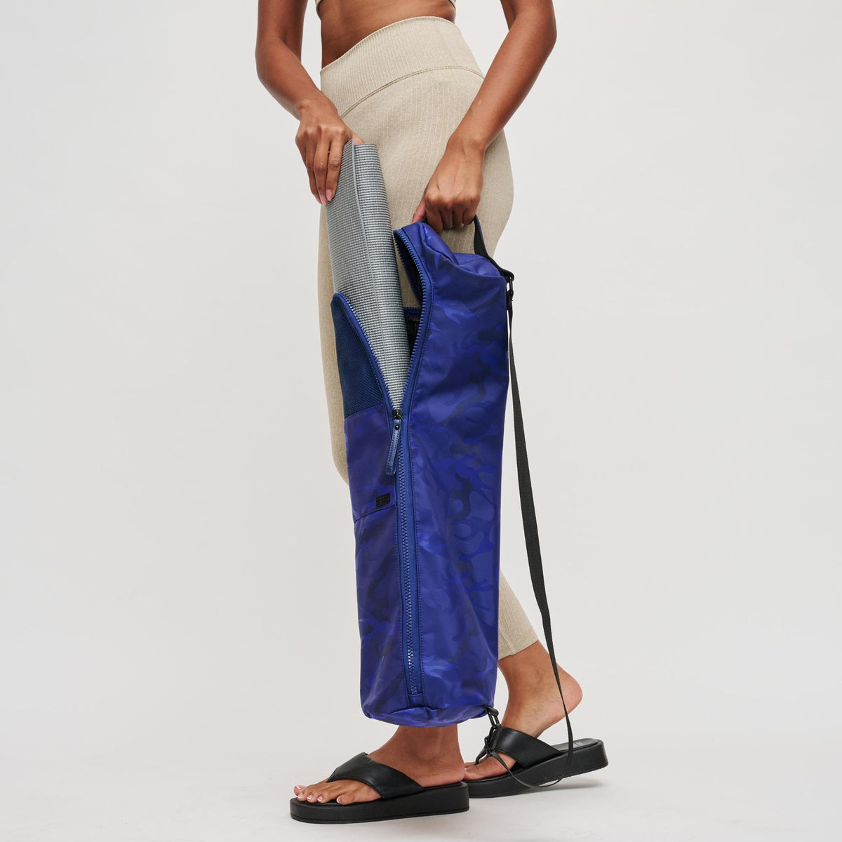 Woman wearing Blue Camo Sol and Selene Karma -- Camo Print Yoga Mat Bag 841764100809 View 4 | Blue Camo