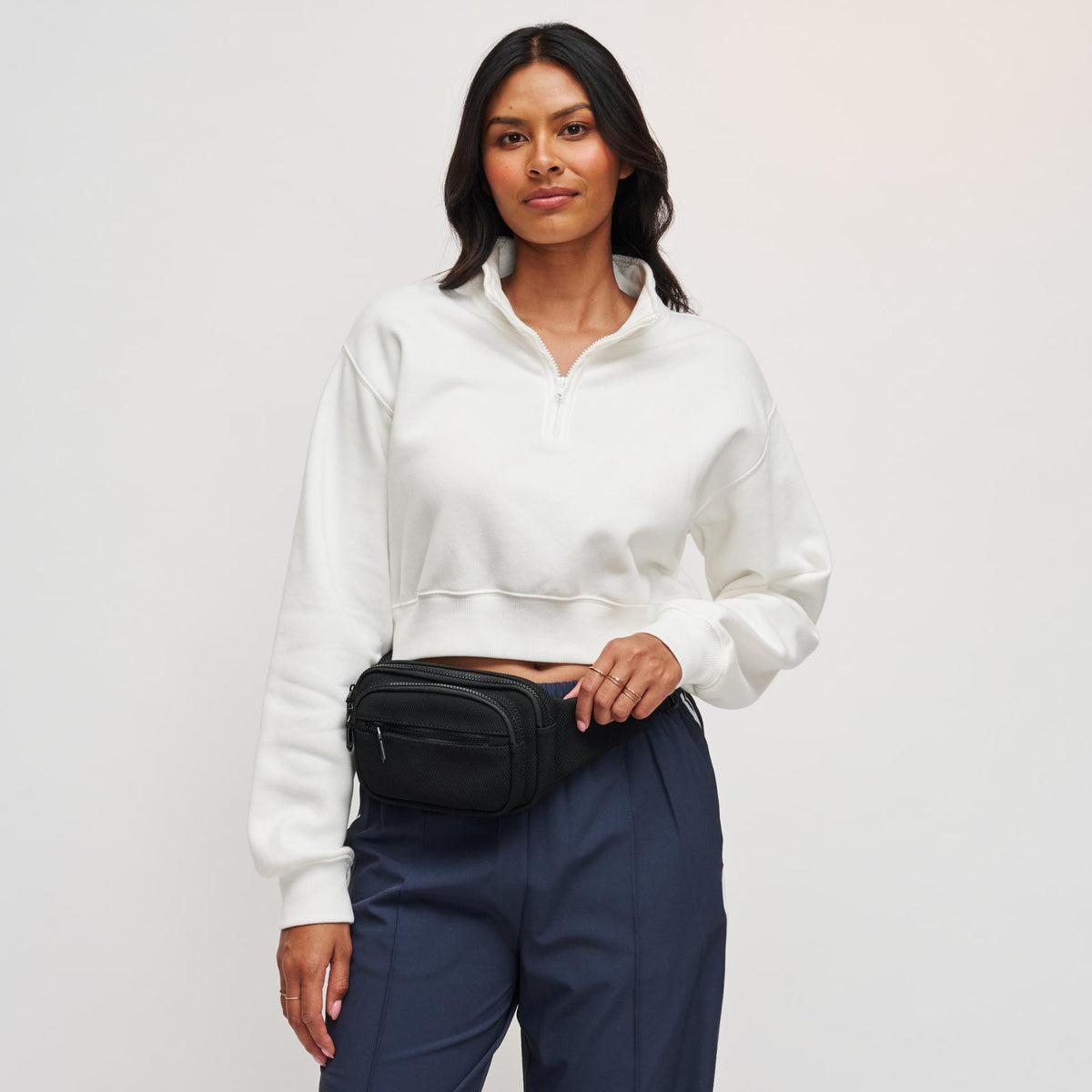 Woman wearing Black Sol and Selene Hip Hugger - Neoprene Mesh Belt Bag 841764109819 View 4 | Black