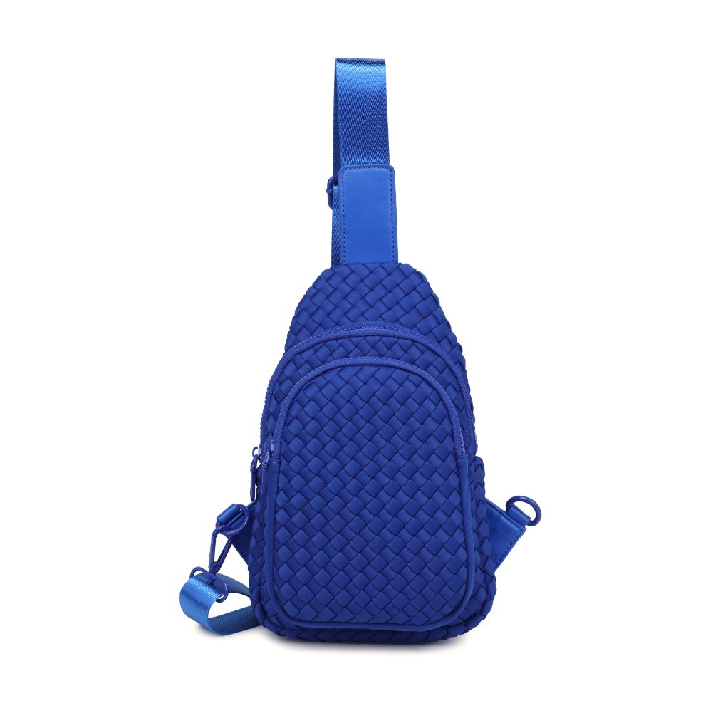 Woman wearing Royal Blue Sol and Selene Beyond The Horizon - Woven Neoprene Sling Backpack 841764108096 View 5 | Royal Blue