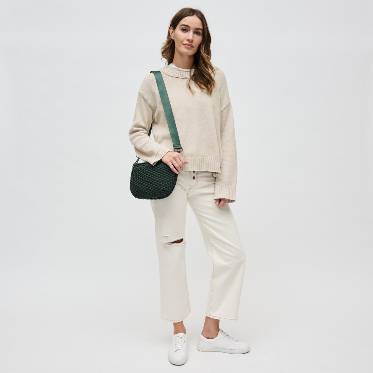 Woman wearing Olive Sol and Selene Ethereal - Woven Neoprene Crossbody 841764110891 View 3 | Olive