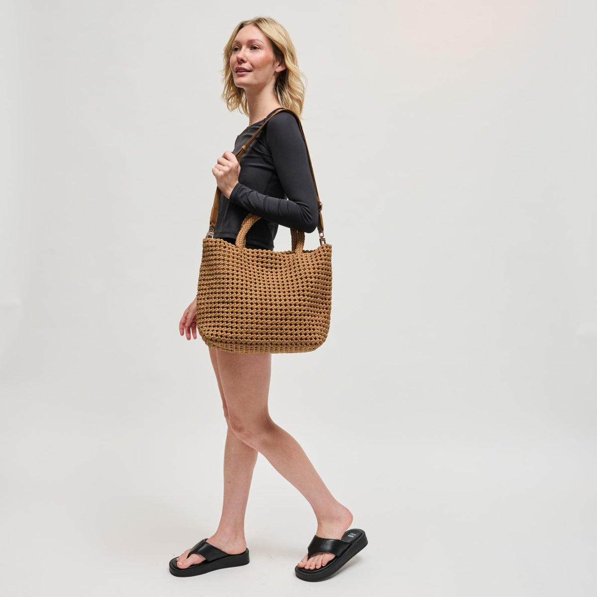Woman wearing Sand Sol and Selene Ambrosia Medium Tote 841764112765 View 4 | Sand