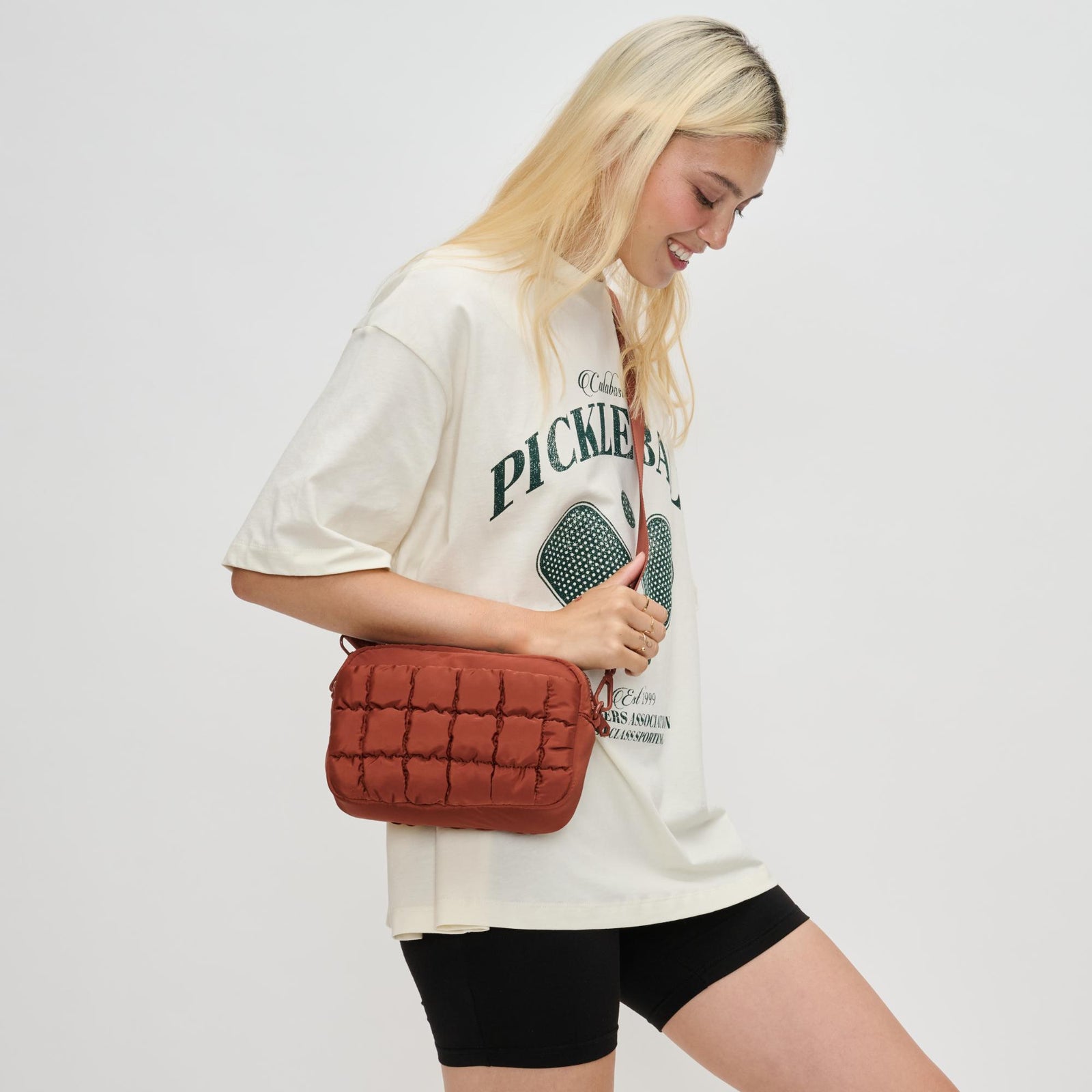 Woman wearing Black Sol and Selene Inspiration - Quilted Nylon Crossbody 841764108379 View 1 | Black