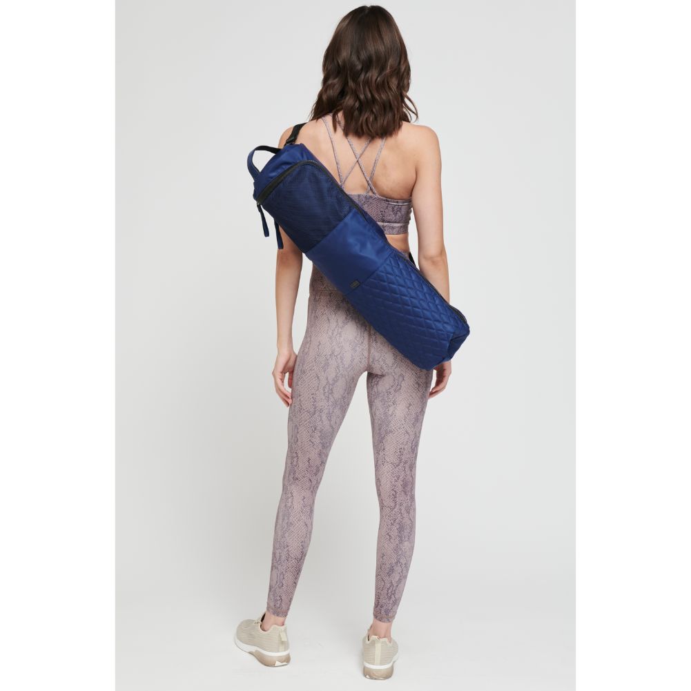 Woman wearing Navy Sol and Selene Karma - Quilted Yoga Mat Bag 841764100366 View 2 | Navy