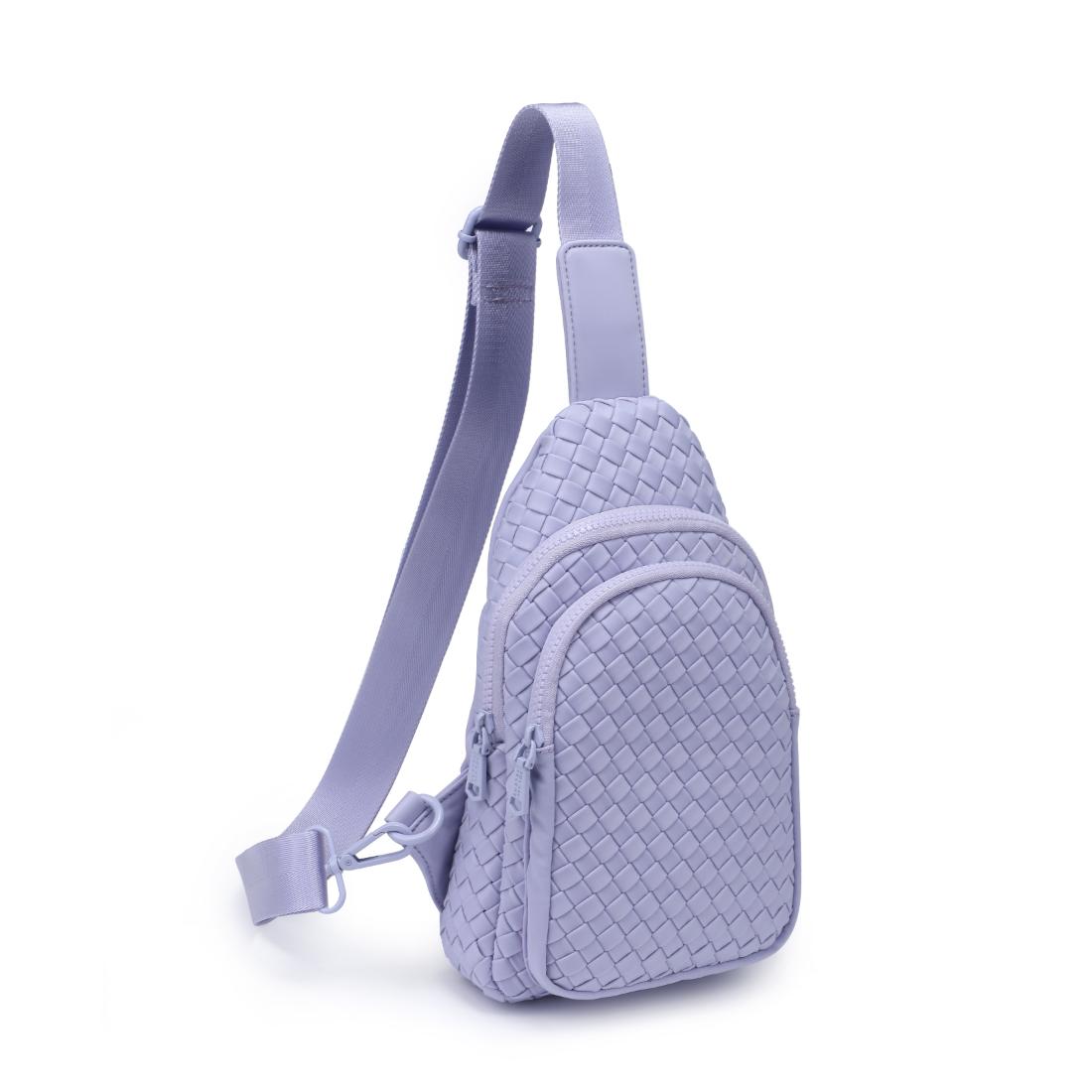 Woman wearing Lilac Sol and Selene Beyond The Horizon - Woven Neoprene Sling Backpack 841764111232 View 6 | Lilac