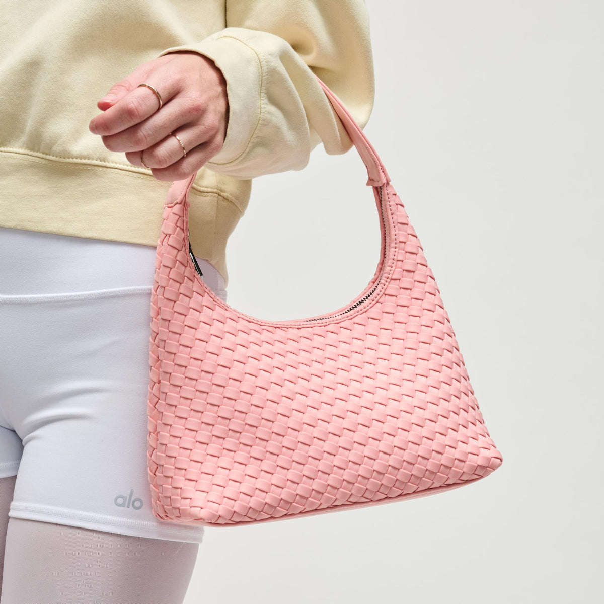 Woman wearing Blush Sol and Selene Harmonia - Woven Neoprene Shoulder Bag 841764112512 View 1 | Blush