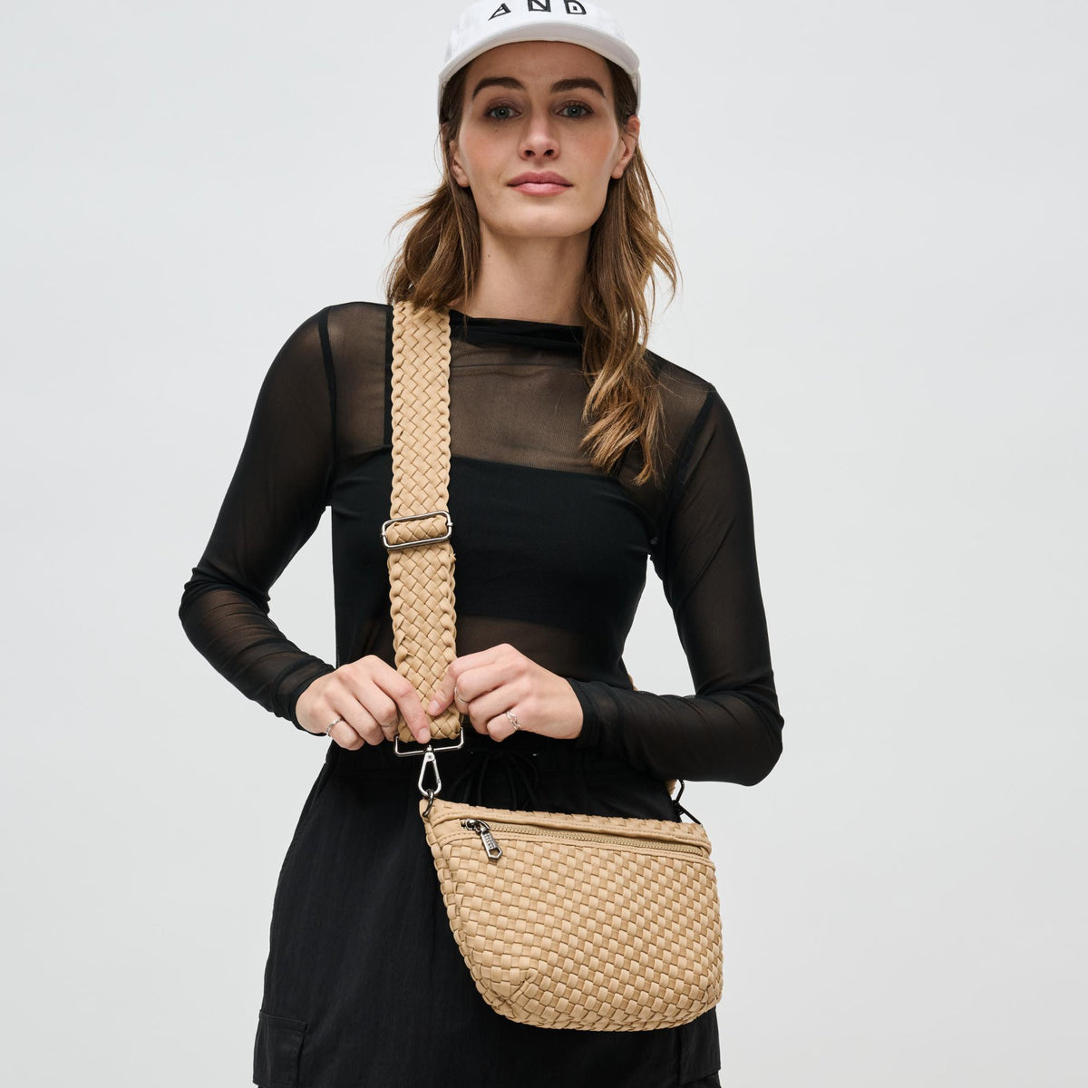 Woman wearing Nude Sol and Selene Ethereal - Woven Neoprene Crossbody 841764110884 View 1 | Nude