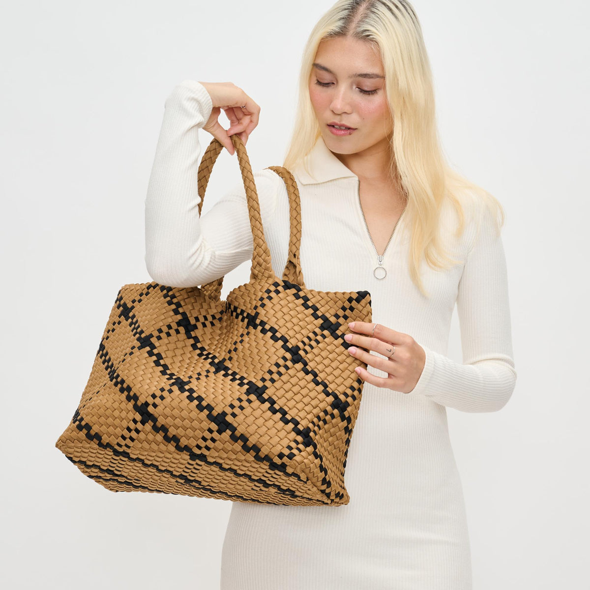 Woman wearing Sand Black Sol and Selene Sky's The Limit - Large Tote 841764110679 View 2 | Sand Black