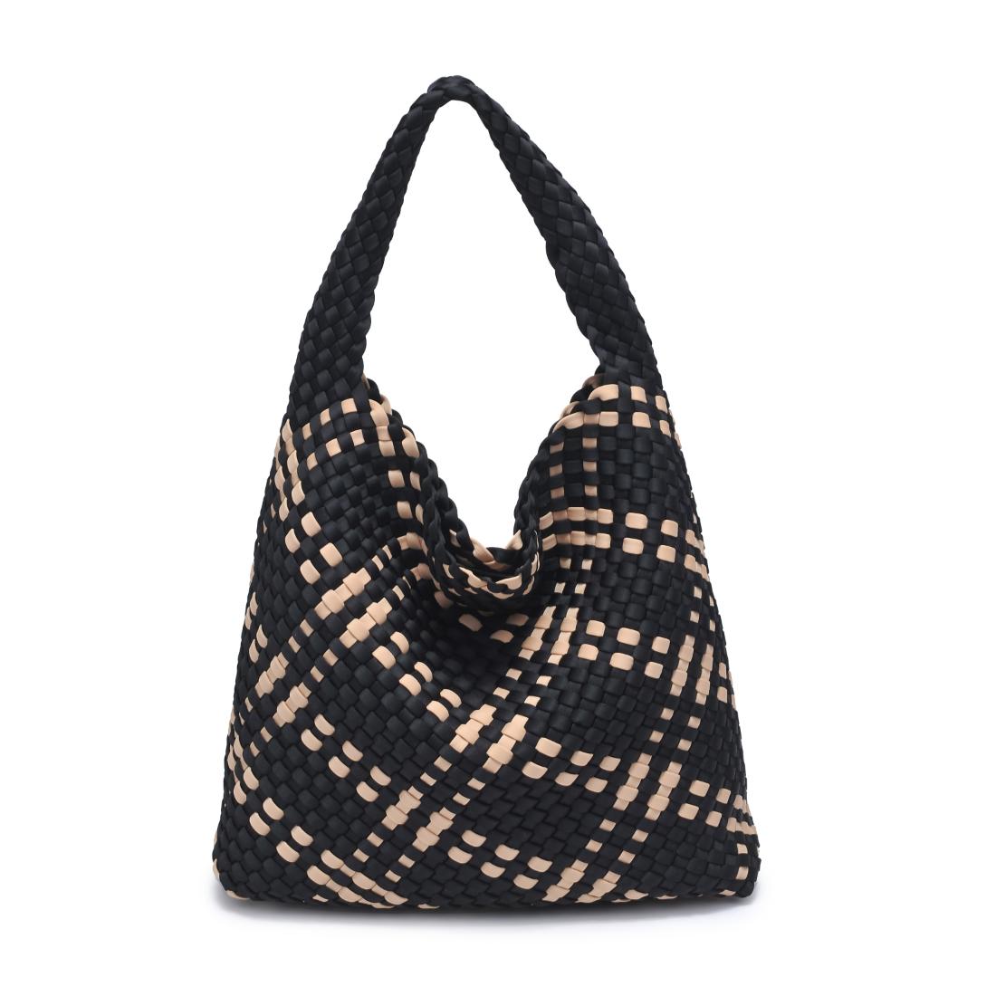 Woman wearing Black Nude Sol and Selene Celestial Woven Neoprene Hobo 841764112307 View 7 | Black Nude